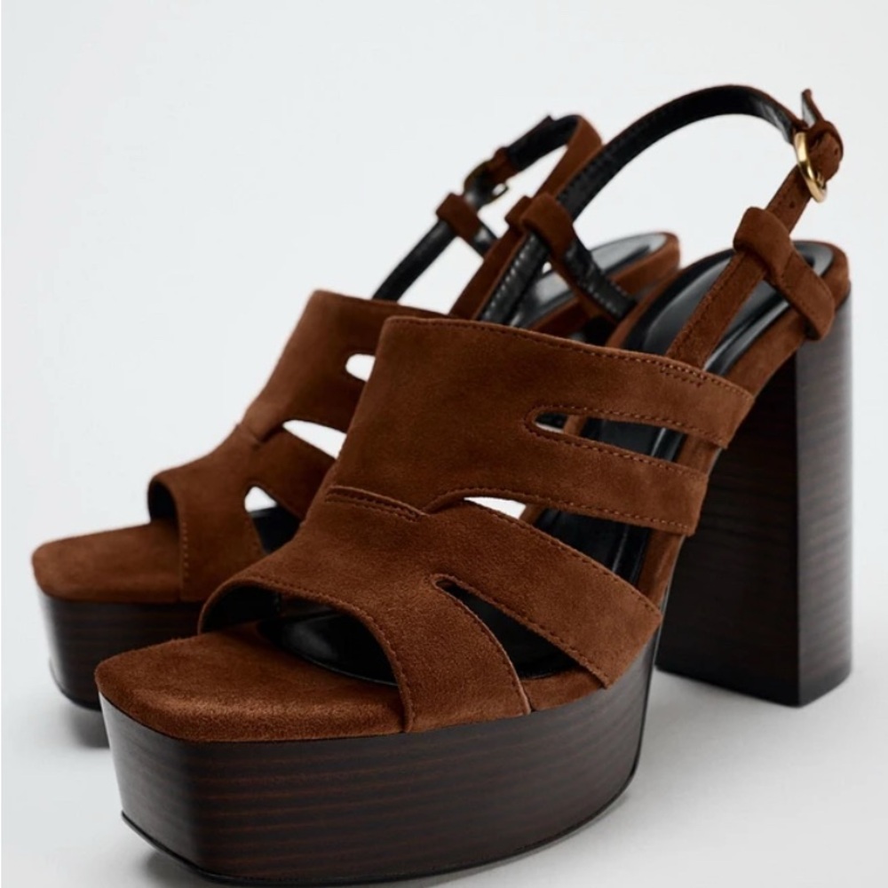 NEW Zara Suede Leather Platform chunky Wooden Heeled Sandals Size 41 EU Sz 10 US